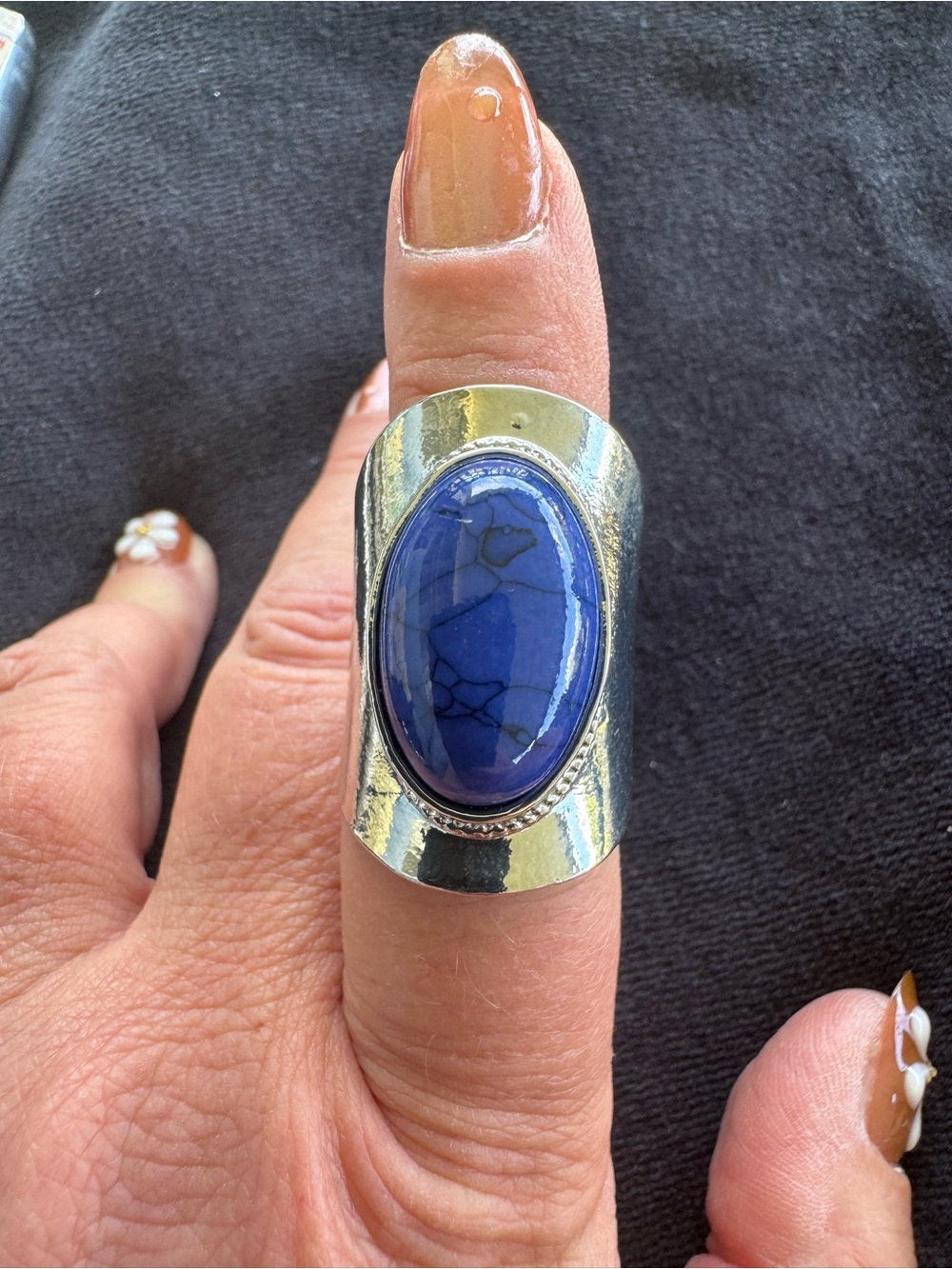 Statement Sterling Silver Stamped Ring with Blue Oval Stone Size 10 Tiny Flaw